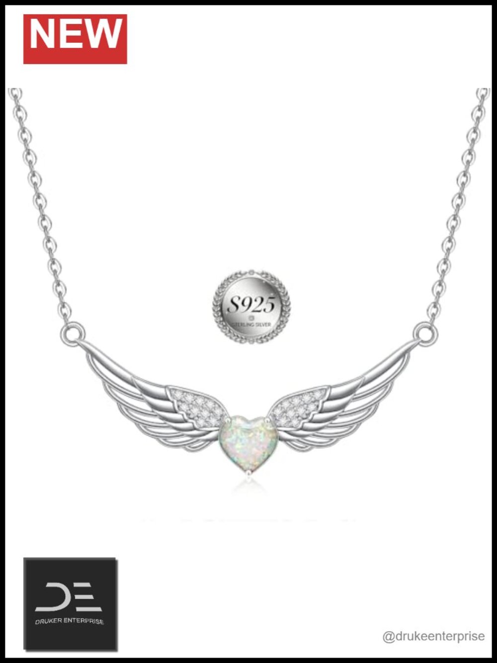 Sterling Silver Angel Wings Opal Heart Pendant Necklace Guardian Women Gift